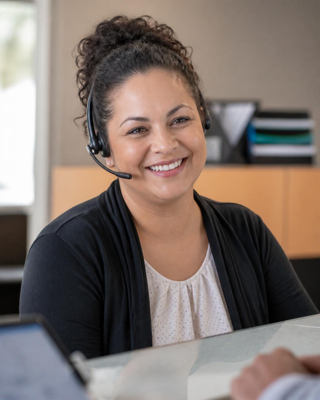 Utility customer service representative wearing a headset at a service counter